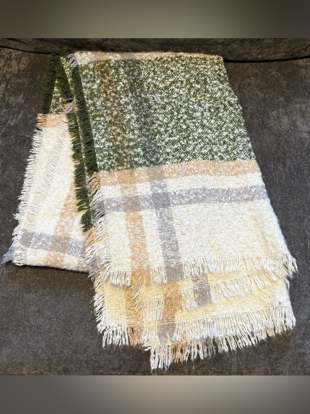Green and Cream Plaid Fringe Scarf